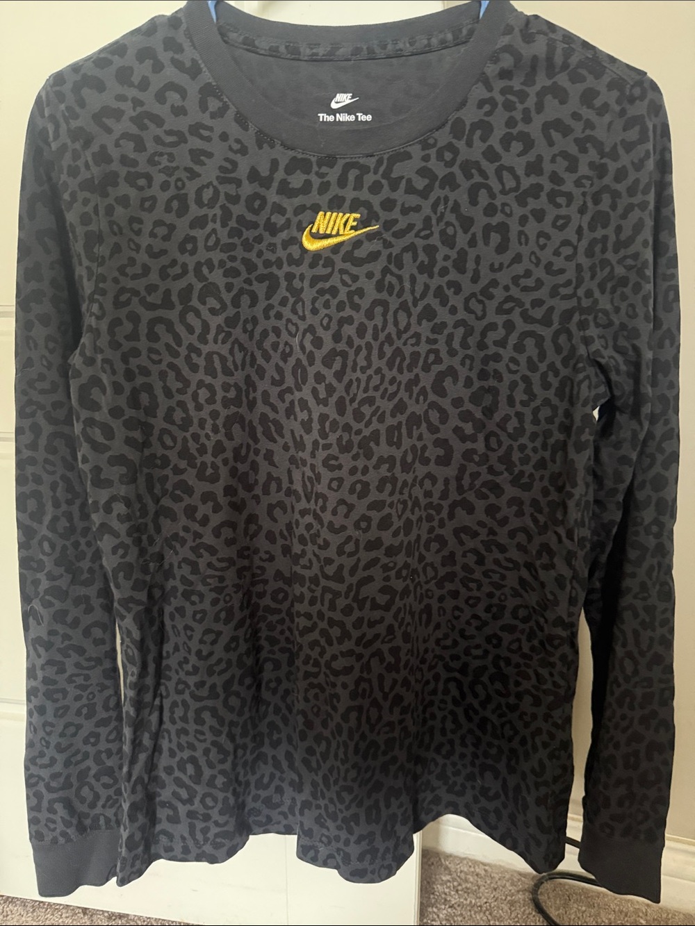 Nike Black Leopard Print Long-Sleeve Top with Yellow Logo